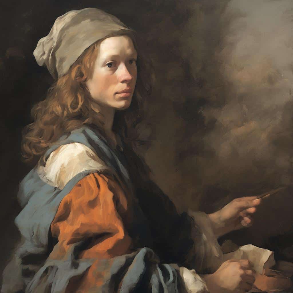 Κυρία με καστανά μαλλιά και λευκό καπέλο σε εικαστική δημιουργία, γυναικεία ματιά στην τέχνη.