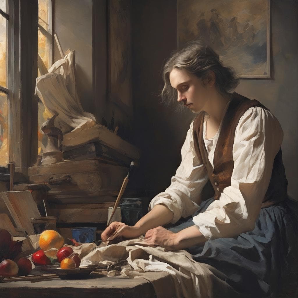 Αγία γυναίκα και εικαστικές δημιουργίες, πομπή στο εργαστήριο ζωγραφικής, γυναίκα καλλιτέχνιδα και πίνακες ζωγραφικής.