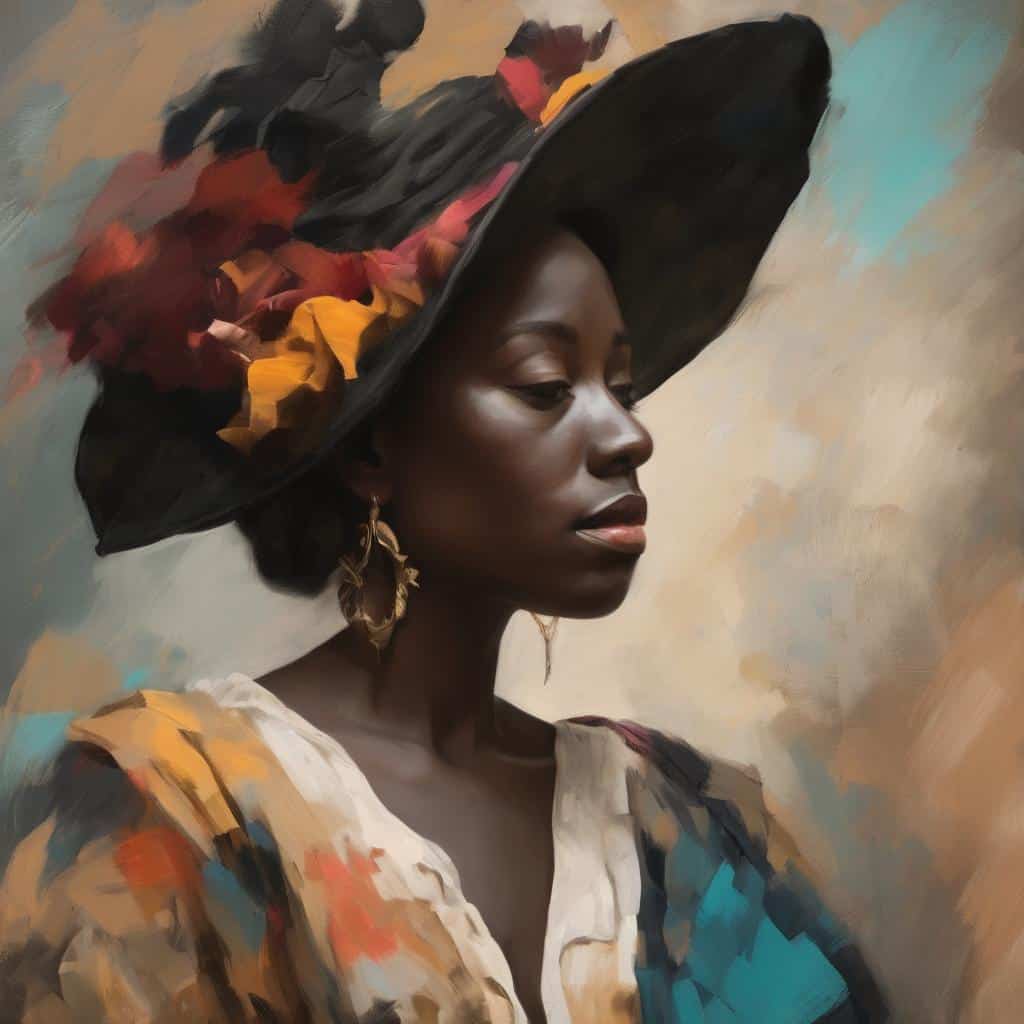 Μια όμορφη γυναίκα με μεγάλο καπέλο και εντυπωσιακά σκουλαρίκια, οπτικά εστίαση στην γυναικεία δημιουργικότητα και εικαστικές τέχνες.