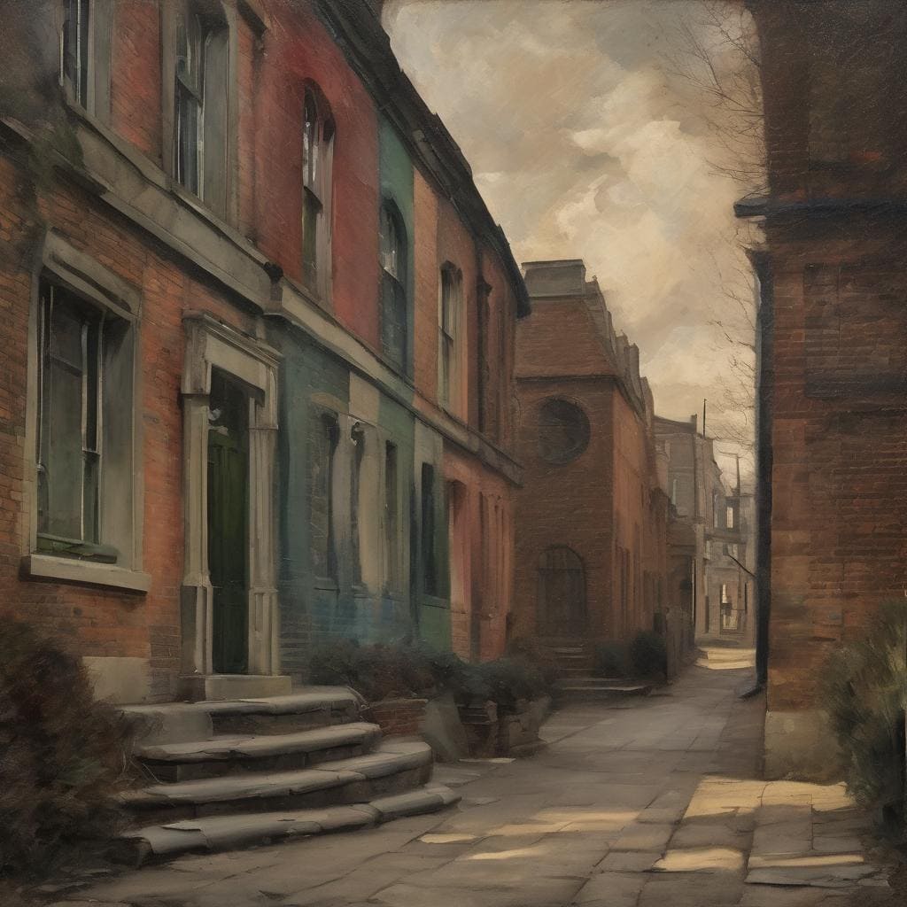 Παραδοσιακή αστική σκηνή με έντονα χρώματα και εικαστική έμπνευση, εστίαση στην γυναικεία ματιά στην τέχνη.