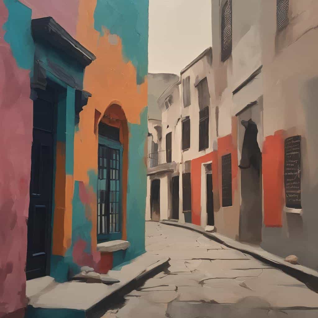 Ζωγραφική γωνιά στην Ελλάδα με πολύχρωμα κτήρια και καλλιτεχνική ατμόσφαιρα.